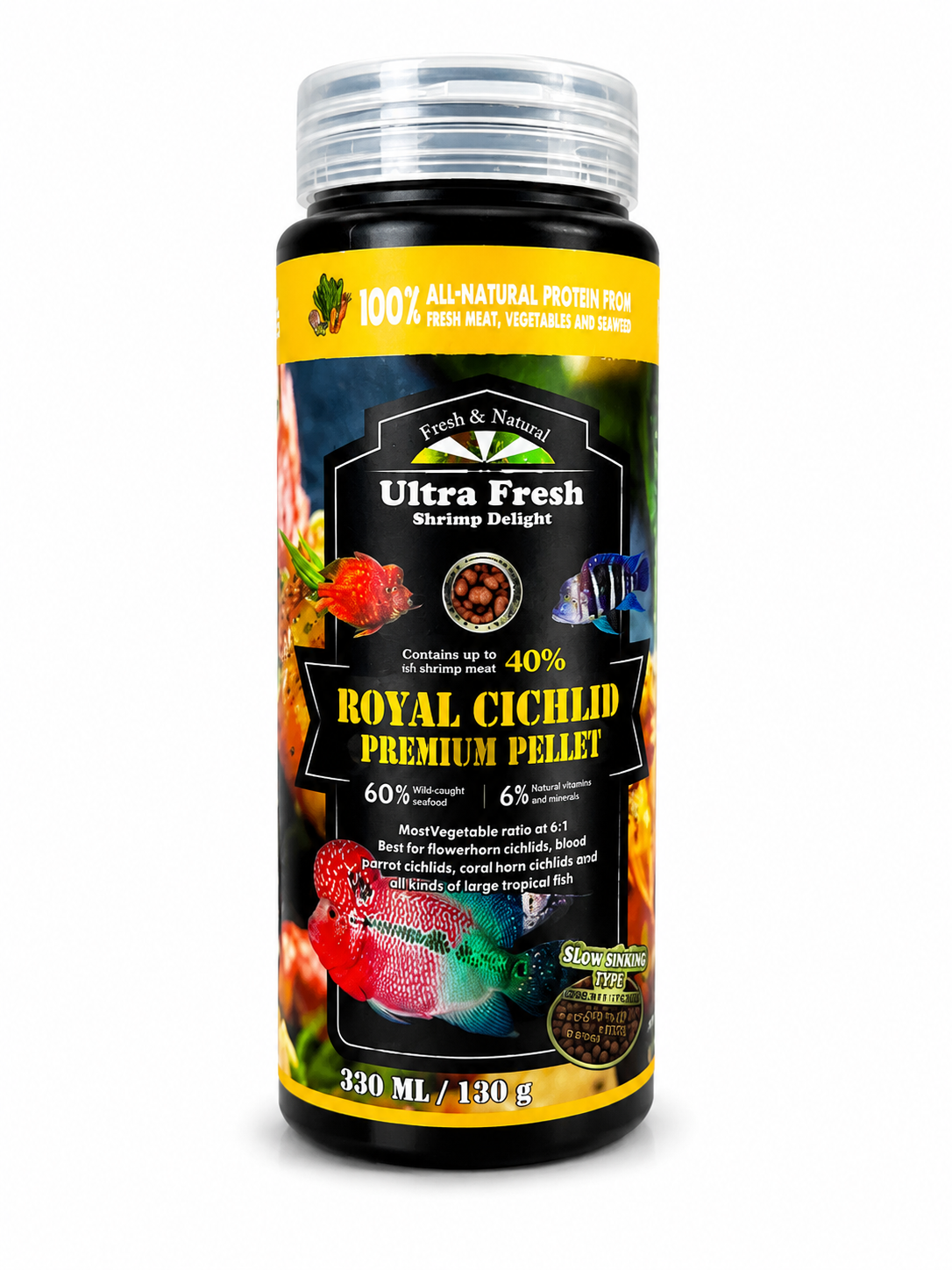 Ultra Fresh "Shrimp Delight" Royal Cichlid Premium Pellet fish food.